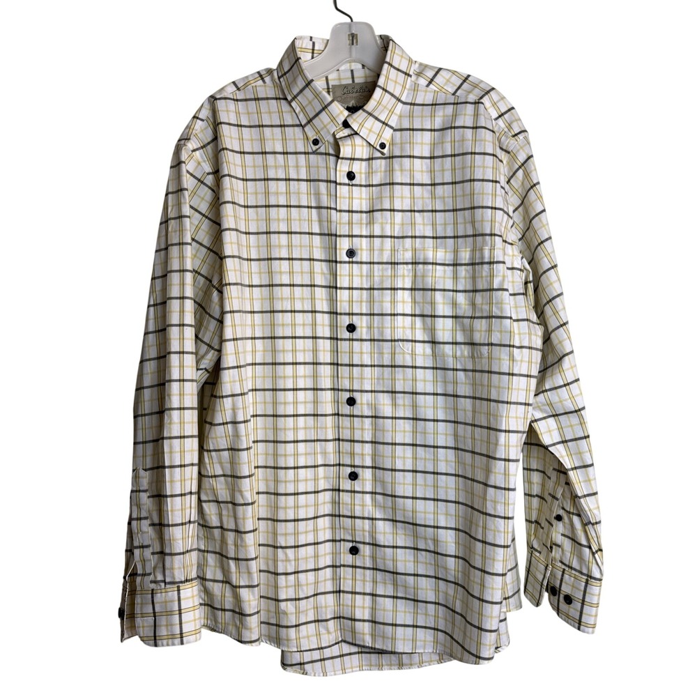 Cabelas Outfitter Series Men L Plaid Button Down Shirt Cotton Long Sleeve Yellow
